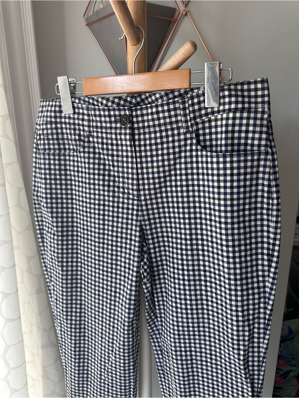 THEORY Women’s Black Navy Blue White Gingham Chinos Cotton Pants Straight Leg 10